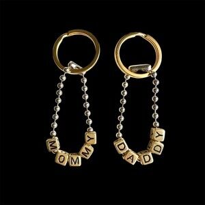 Gold Block Letter Keychain Set of 2 for 'MOMMY' and 'DADDY' Beaded Handmade